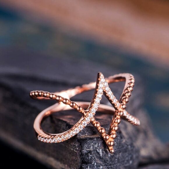 ✨ Bride Wedding/Women Beach Party Vintage Rose Gold Cross Crystal Ring,VIP296 - Picture 2 of 6